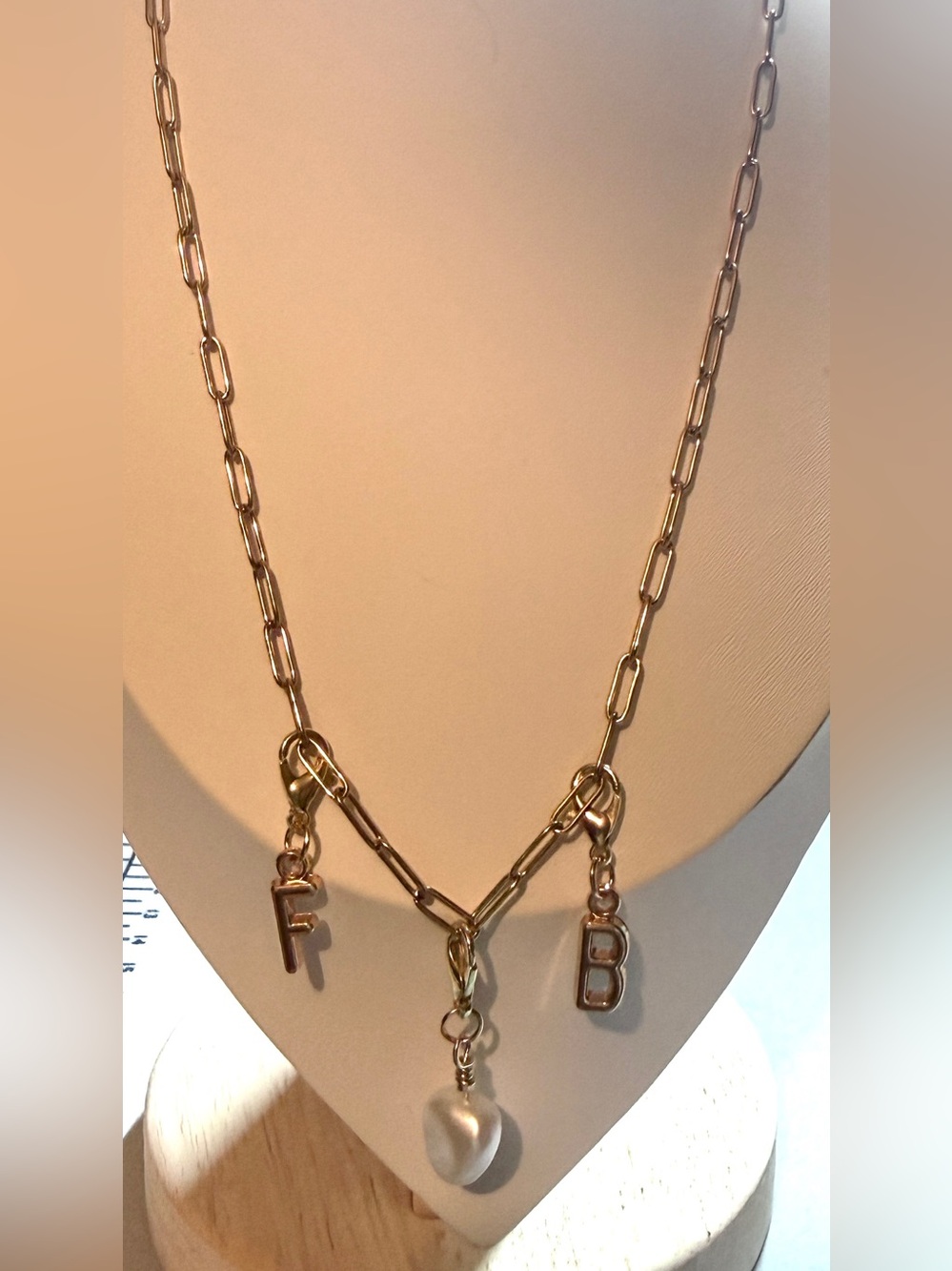 Gold Paperclip Initial Charm Necklace Pearl Custom Letter FB (Football) Layering - Picture 2 of 5